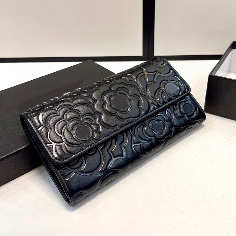 Women Designer Embossment Camellia Pattern Wallet Flap Bag Quilted Leather Gold Hardware Buckle Luxury Black Clutch Bags Multi Pockets Card Holder Purse 15/19cm