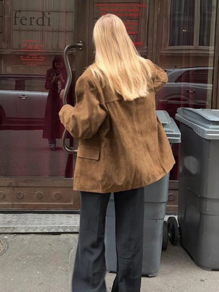Retro brown suede leather jacket for women fashionable lapel single chest pocket crop jacket womens autumn jacket 241025