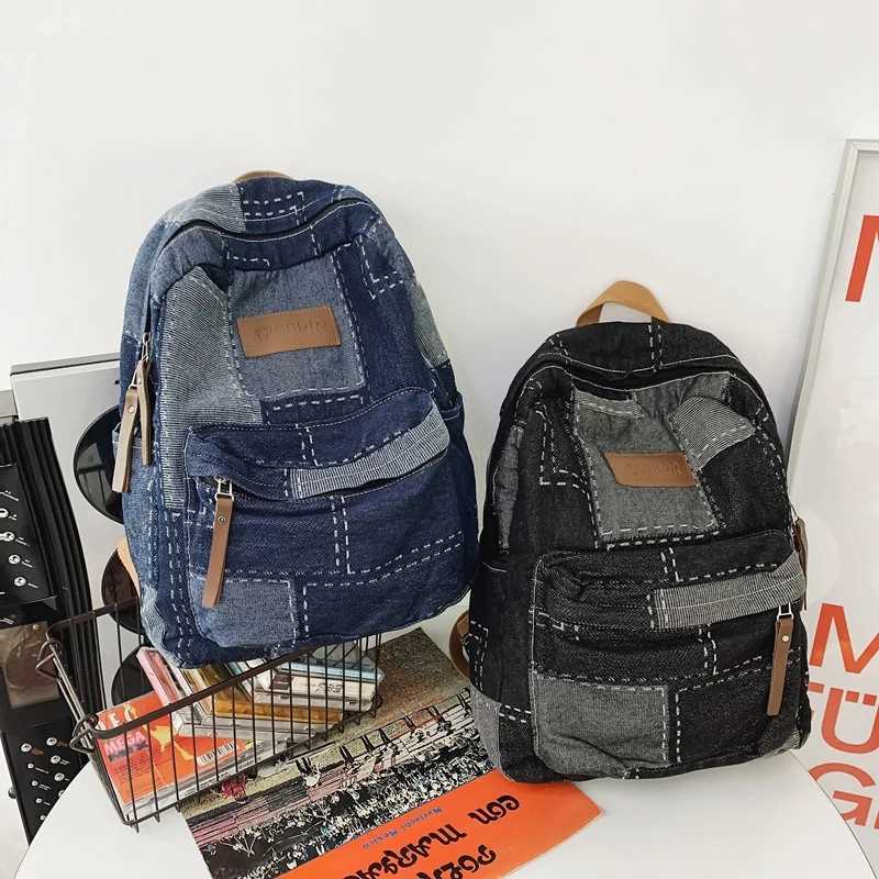 CMM Trendy Cool Patch Women Backpack Washed Denim College Men Female Laptop School Bags Large Capacity Travel Shoulder Bag 241029