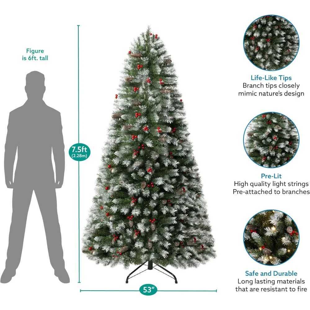 Matte Prelit artificial Christmas tree with pine cones artificial berries foot pedals 1346 branch tips 550 warm lights W241029