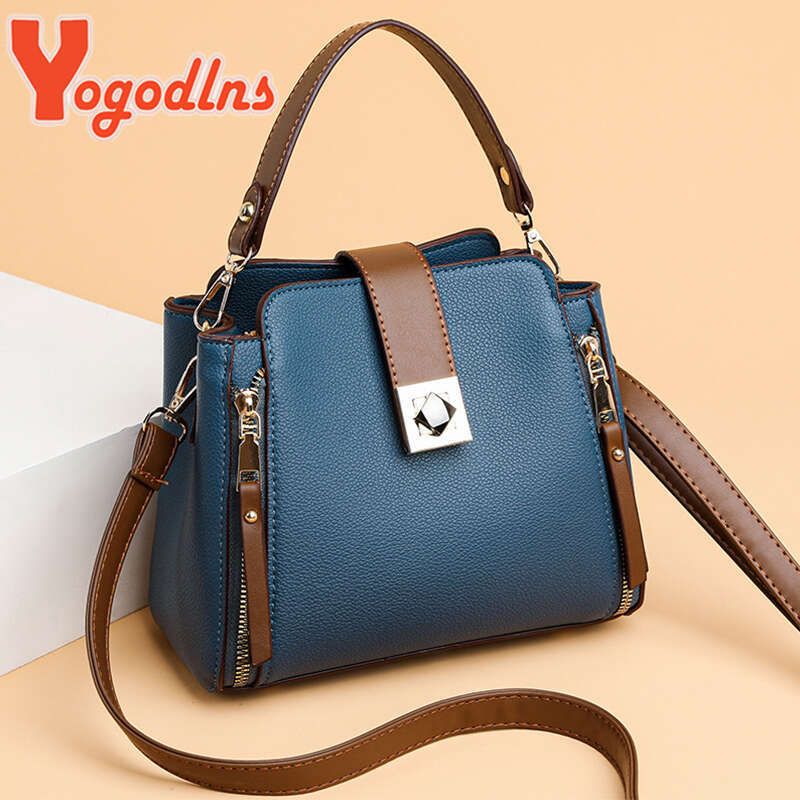 Designer Bag Yogodlns Luxury Splicing Handbag For Women PU Leather Bucket Shuolder Bag Fashion Handle Bag Brand Shopping Mommy Crossbody Bag purse lux