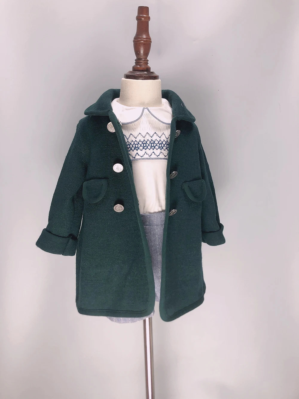 Girls Coat Boys Coat Woolen Winter Green Red Warm Slim Christmas Eid Clothing British Royal Style Children Vintage Clothing 241028