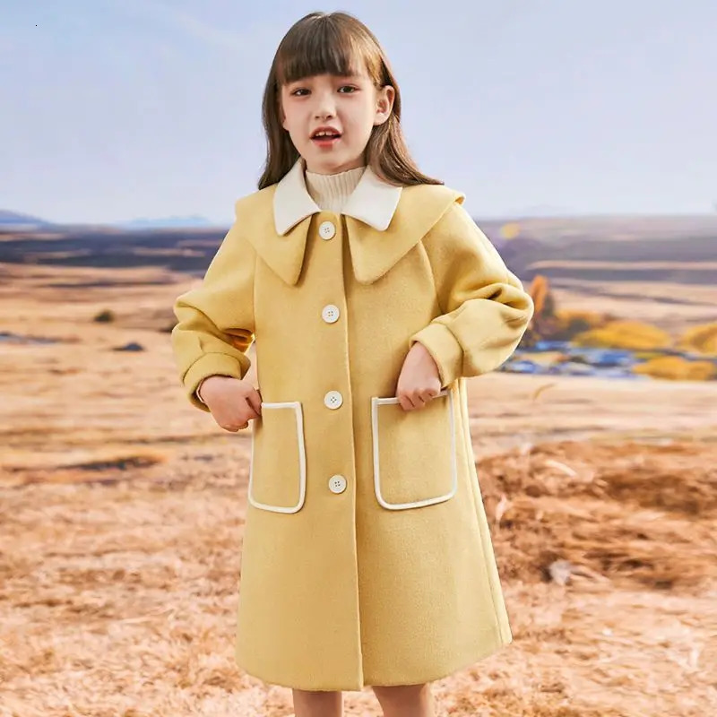 Girls Woolen Coat Autumn and Winter Middle-aged and Young Children Fashion Woolen Windbreaker Girls Long Woolen Coat 241028