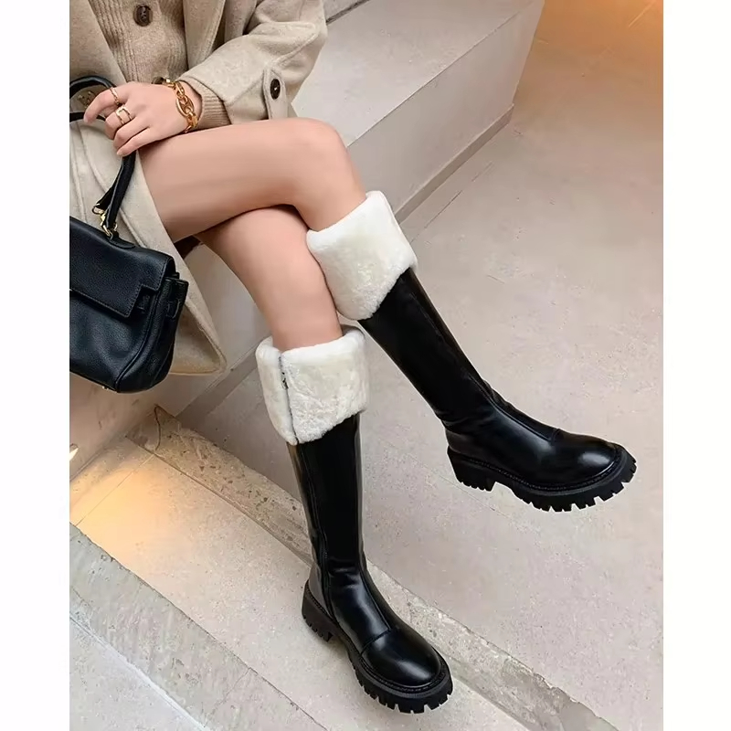 Winter Furry Womens Platform Soled Brown Thigh-High Ankle New Outdoor Red Sole Square Skirt Boots Handmade Toe Business Men's Winter Boots
