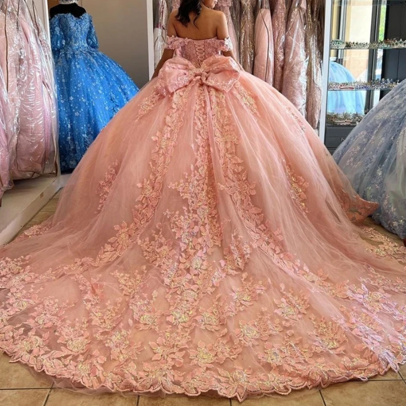 Shiny Pink Quinceanera Dresses Ball Gown Applique Beads Bow Tull Corset Party Birthday Lace Up Princess Sweet Dress Vestidos Anos D