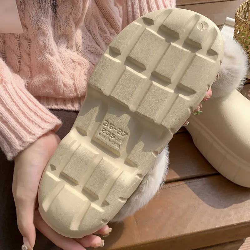 New Designer Slippers Warm Indoor Home Versatile Women Heels Snow Martin Fur Furry Thick Soled Rain Boot Winter Boots