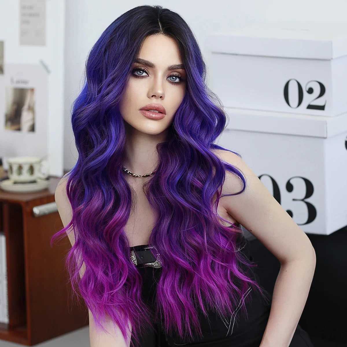 New Arrival High definition transparent lace front wig blue Ombre purple body wave wig with bangs high-density synthetic lace front part wig Z241028