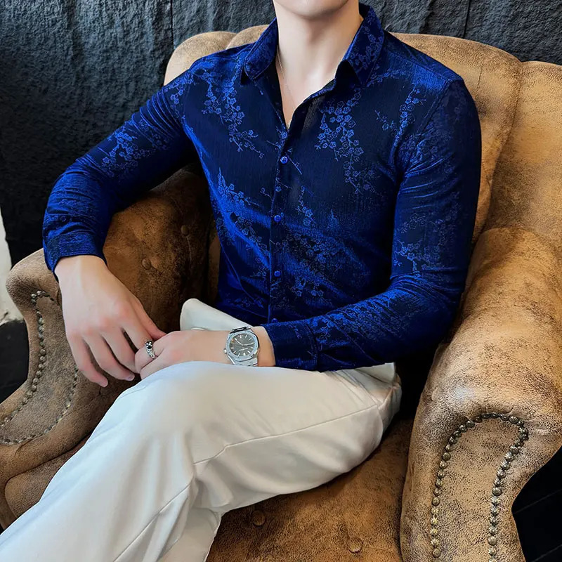 retro velvet mens autumn long sleeved slim casual shirt fashionable jacquard business social mens clothing 241028