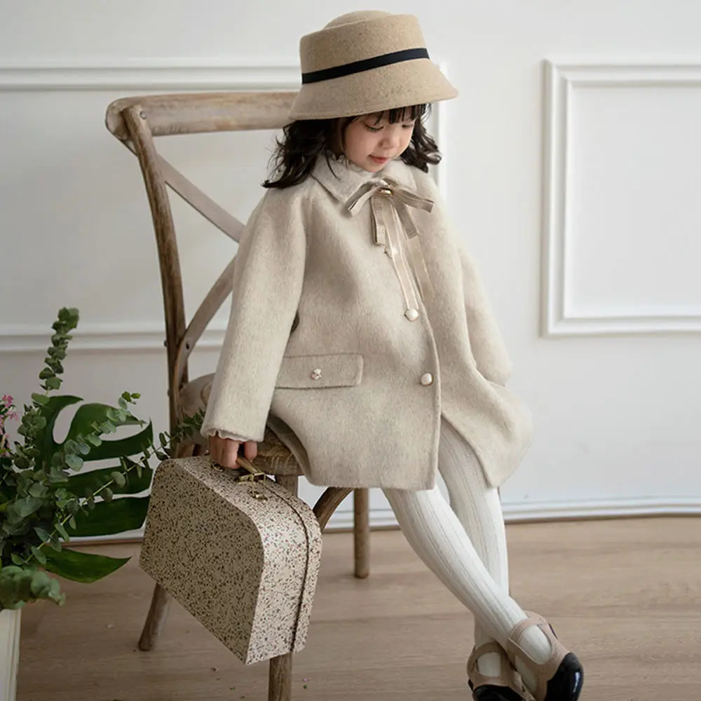 Winter baby Girls Long Tweed Jacket Coat Kids Princess Thickened Bow Single-breasted Coat Children Warm Jacket overcoat clothes 241028