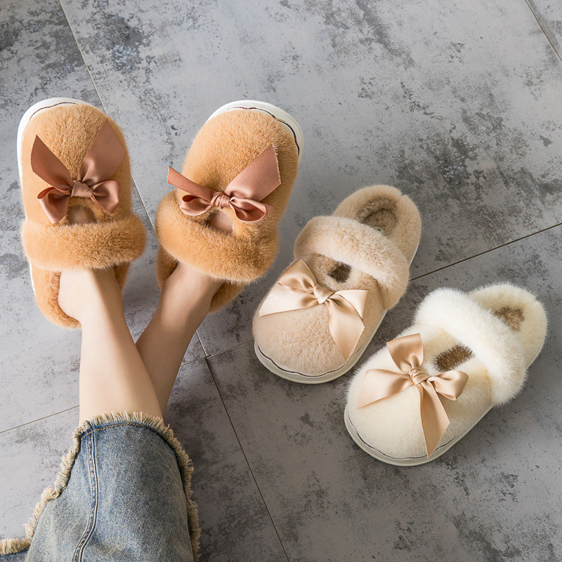 2024 New Autumn/Winter Plush Bow Slippers for Women's Home, Anti slip Thick Soft soled NEW hot Cotton Shoes, Free Shipping