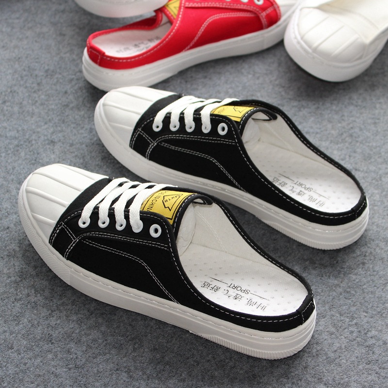 2024 Spring New Men's Half Dragged Canvas Shoes Breathable Comfortable Trendy Flat bottomed Board Shoes Lazy Men's Shoes