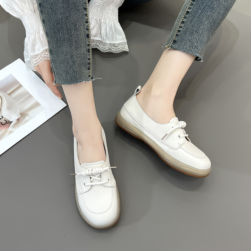 Head layer cowhide soft bottom soft surface shallow mouth single shoes maternity breathable hollow casual shoes 2024 jelly bottom small white shoes fe
