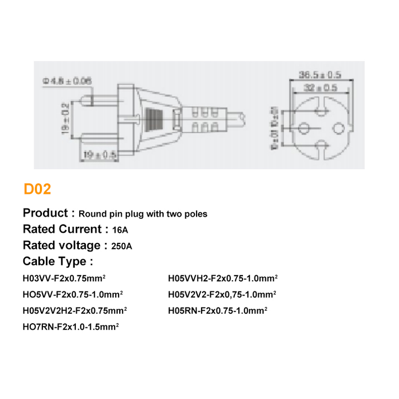 European Power Cord CEE7/17 EU Germany International VDE Certified CE Power Supply 16 Amp 2 Wire Plug