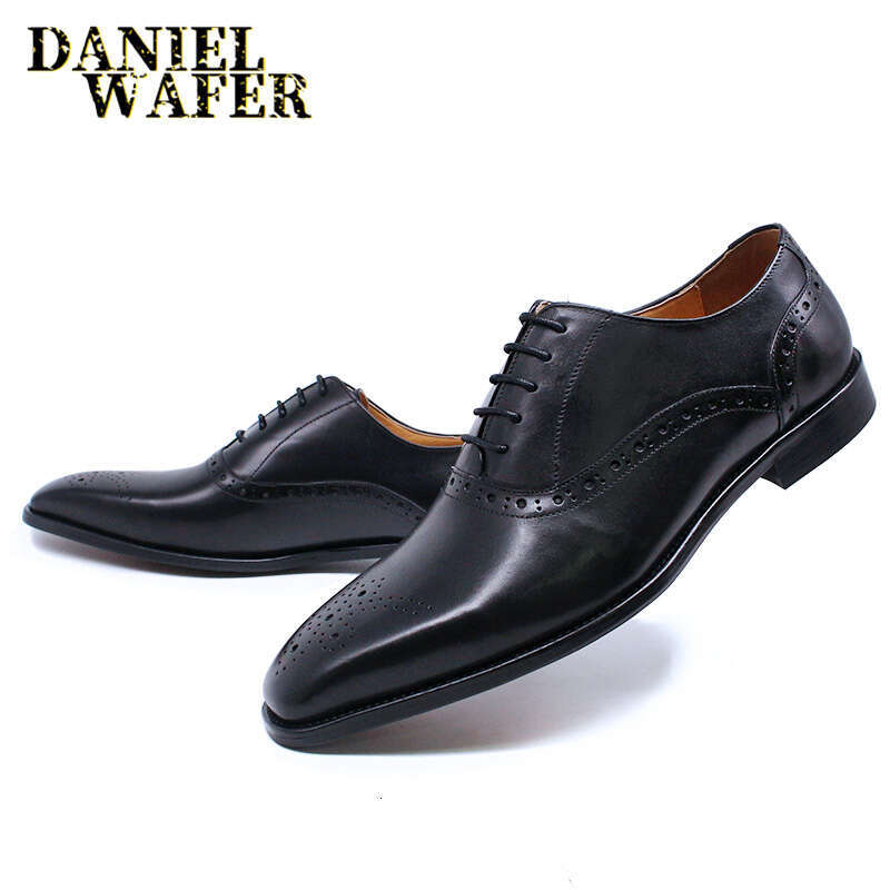 Mens Oxford Genuine Leather Black Brown Classic Brogue Lace Up Dress Wedding Office Business Men Formal Shoes