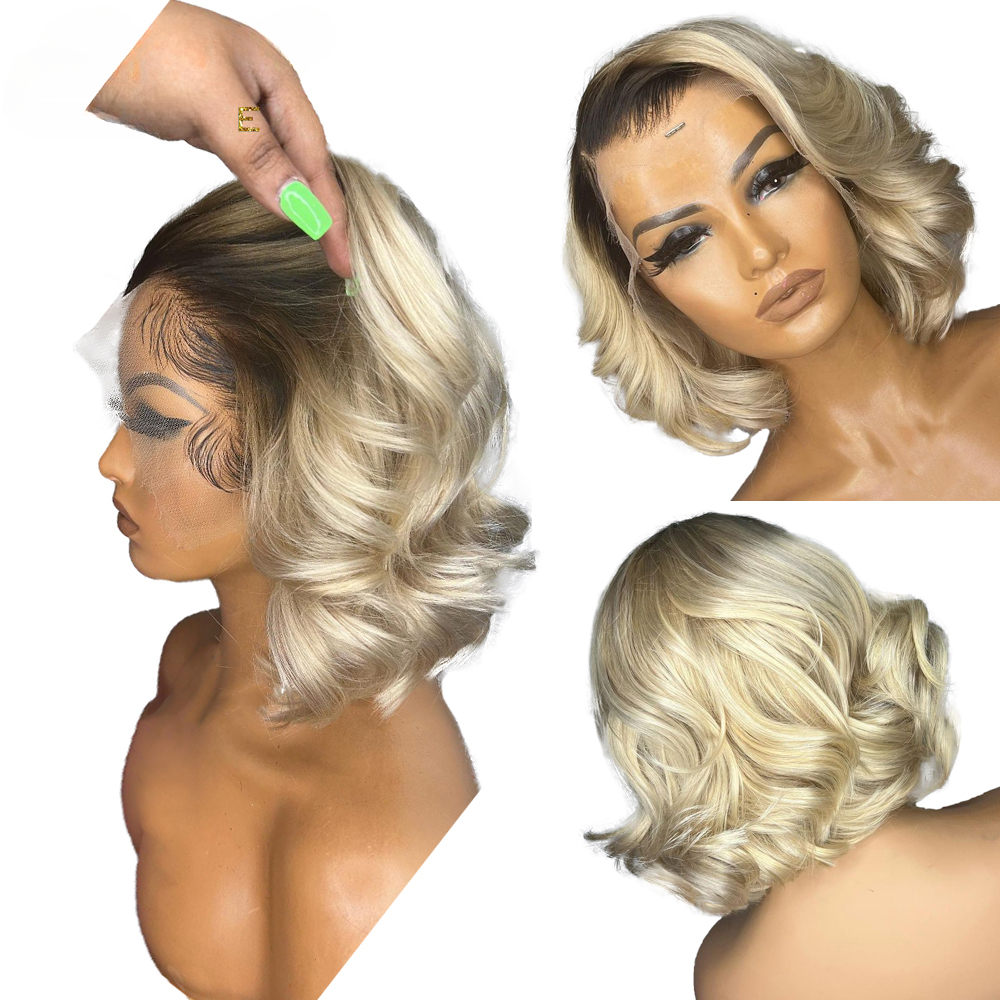 Free shipping Brazilian Ombre 613 Honey Blonde Lace Front Human Hair Wigs For Women Cheap 13x4 Short Wavy Bob Wig 10 14 Inch Preplucked