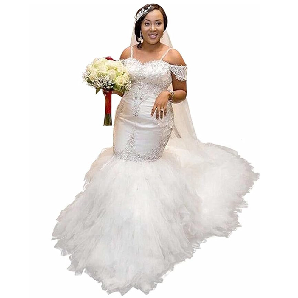 African Plus Size Mermaid Wedding Dresses Spaghetti Straps Lace Appliques Beading Bridal Gowns Tiered Ruffles Organza Brides Robe De Mariee