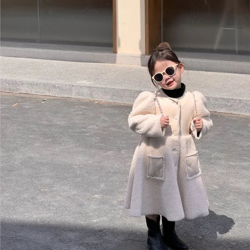 Fashion Baby Girl Dress Jacket Long Infant Toddle Child Puff Sleeve Coat Fleece Patchwork Baby Outwear Baby Clothes 1-10Y 241028