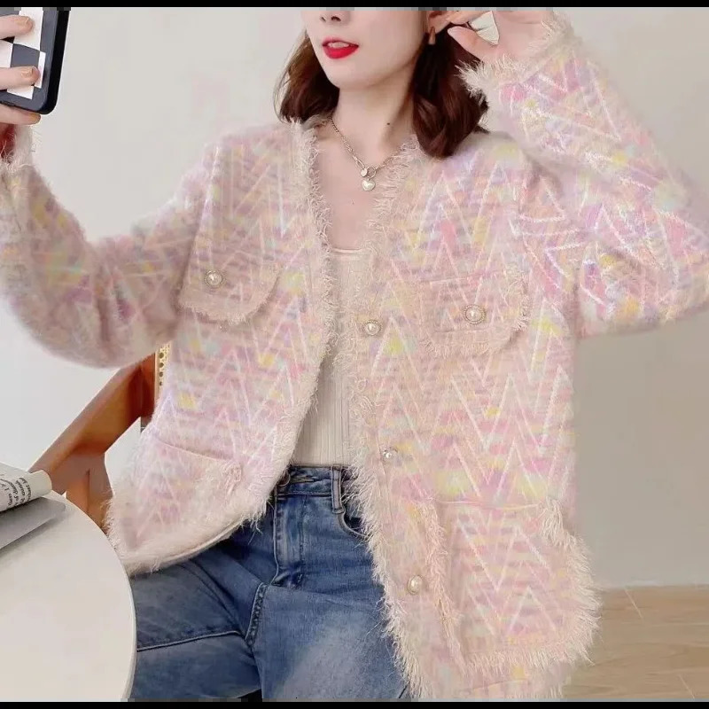 Contrast Color V-neck buttoned long sleeved pocket womens casual jacket casual loose elegant autumn jacket top 241029