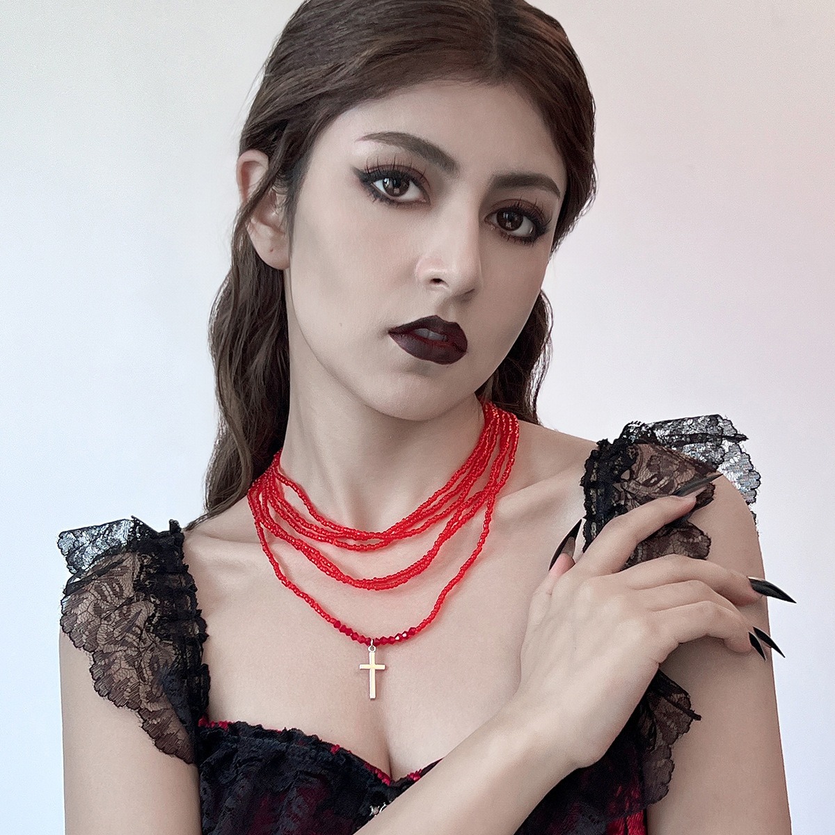 European and American Cross-border Jewelry Fashion 2-piece Set with Rice Beads Collarbone Chain High-end Red Multi-layer Integrated Necklace for Women