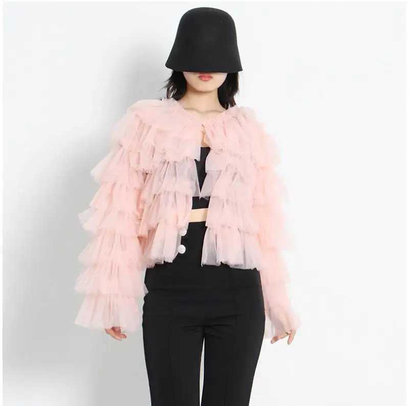 Women's Jackets Chic Perspective Mesh Stitching Ruffles Pleated Cake Shirts Long Flare Slve Gauze Lotus Multi-Layers Blouses Cardigan Tops Y24102
