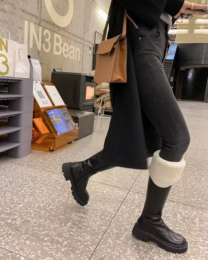 Winter Furry Womens Platform Soled Brown Thigh-High Ankle New Outdoor Red Sole Square Skirt Boots Handmade Toe Business Men's Winter Boots