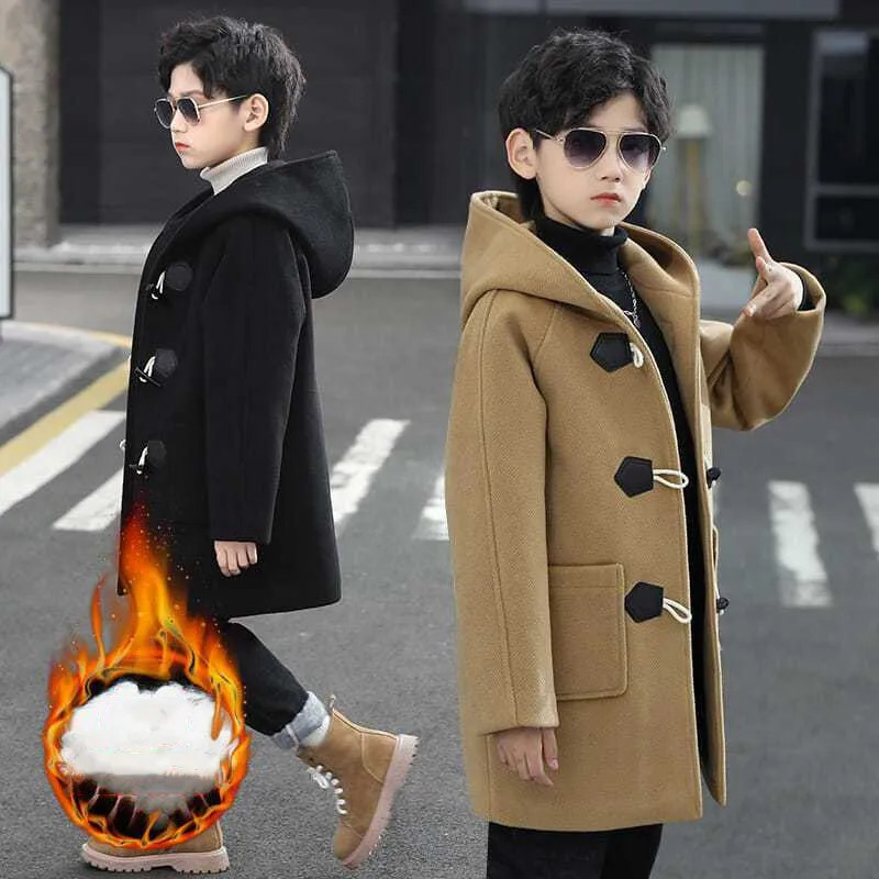 Boys Wool Blends Winter Coat Fashion Hooded Solid Single-Breasted Plus Cotton Warm Children Outerwear High Quality 241028