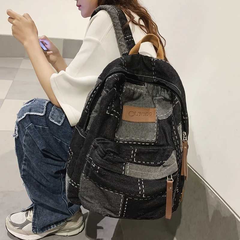 CMM Trendy Cool Patch Women Backpack Washed Denim College Men Female Laptop School Bags Large Capacity Travel Shoulder Bag 241029