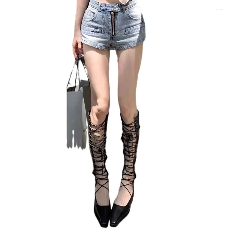 Boots 2024 Summer Female Breathable Hollowed Out Mesh Leather High Knight Knee Heels Show Thin Cool