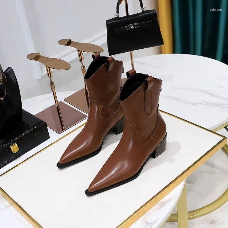 Boots Woman Flat Autumn Shoes Zipper Boots-Women Winter Footwear Low Rubber Fashion 2024 Pointy Ladies Med