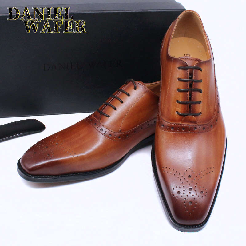 Mens Oxford Genuine Leather Black Brown Classic Brogue Lace Up Dress Wedding Office Business Men Formal Shoes