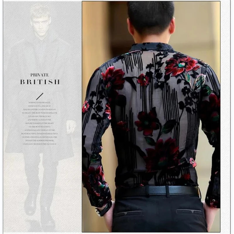 Exquisite floral silk dress mens long sleeved fashionable casual summer high-quality velvet transparent easy to care silk chemical men 241028