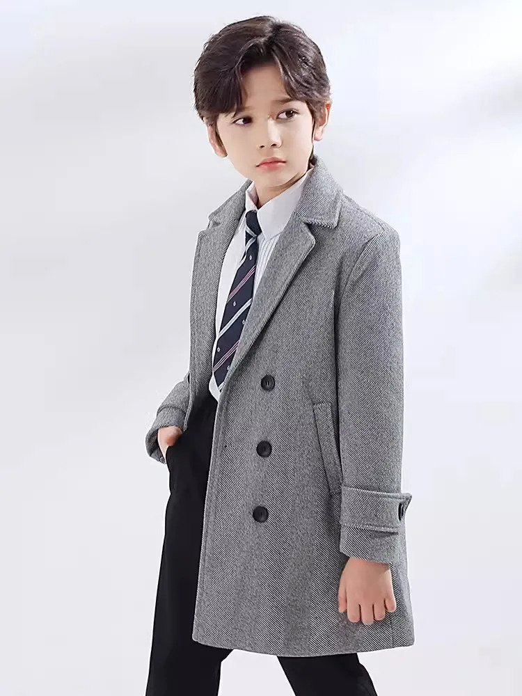 Boys Girls Winter Thick Warm Wool Coat Children Windproof Outdoor Long Jacket Kids Formal Birthday Party Pography Woolen Coat 241028