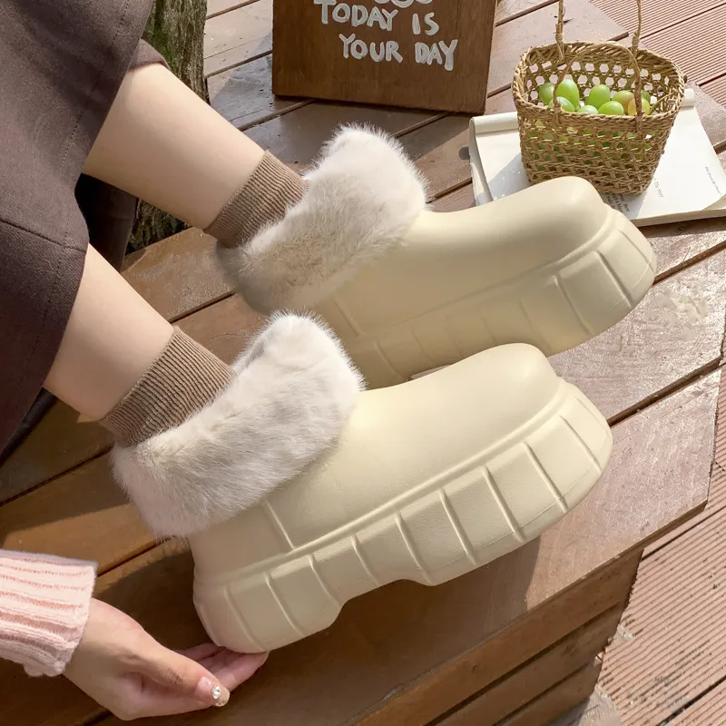 New Designer Slippers Warm Indoor Home Versatile Women Heels Snow Martin Fur Furry Thick Soled Rain Boot Winter Boots