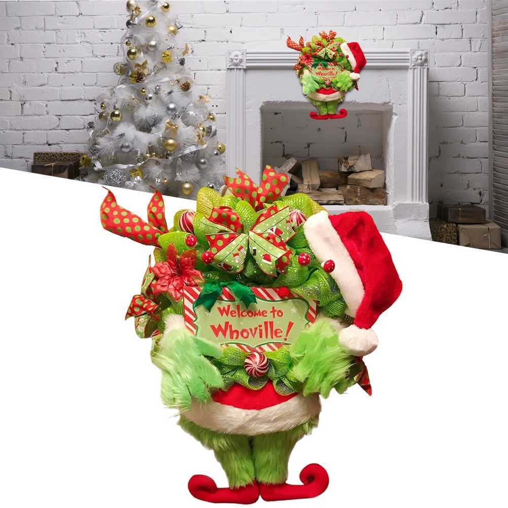 Green Hairy Monster hanging Ornament PLush The Thief Christmas Tree Decor Grinch Leg Wreath Door hanging New Year DecorationXJ241029