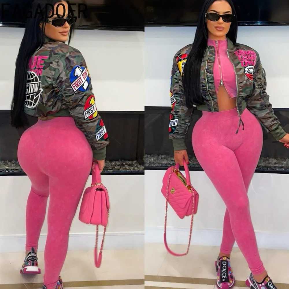 Womens Tracksuits FAGADOER Autumn New Camouflage Baseball Bomber Jacket Womens Y2K Pattern Printed Strt Coat Zipper Motorcycle Coat Hot Girl Clothin Y