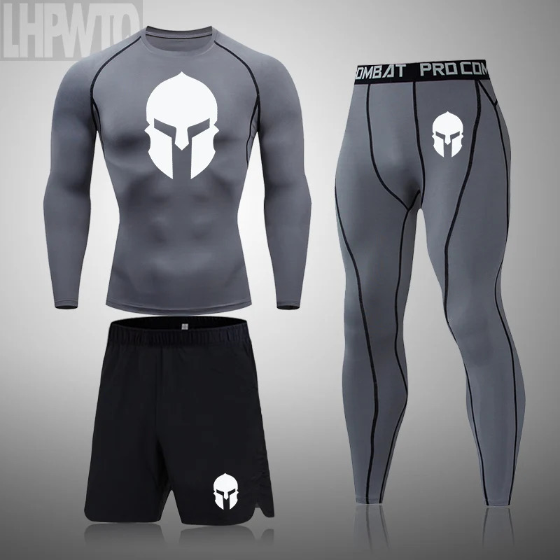 3 Pcs Sports Suit Mens Jogging Sets High Elastic Fitness Set Spartan Sportswear Compress TShirt Thermal Underwear 241028