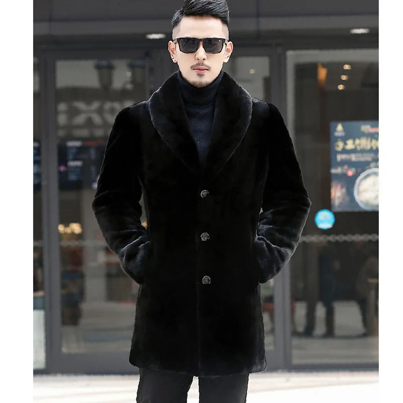 Winter long fur leather jacket mens coat long sleeved single breasted faux fur coat windproof thick pocket snow jacket 241028