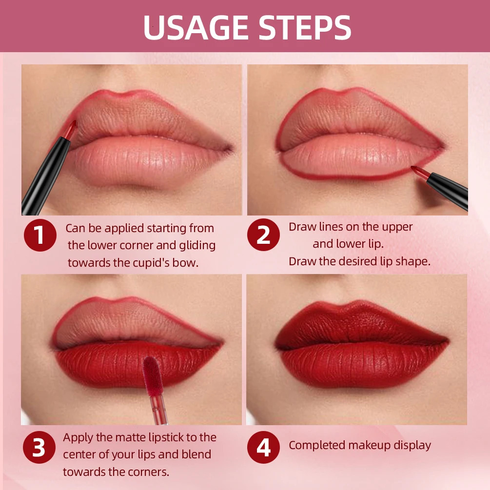 6 Colors Double-end Lip Gloss Waterproof Lipstick Pencil Long Lasting Sexy Red Lipgloss Beauty Matte Lip Liner Pen Lips Makeup 241028