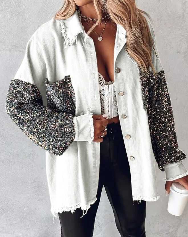 Women's Jackets Womens Contrast sequin raw hem shaver casual clothing new autumn color lock womens fashionable warm long Sleve loose jacket Y2410