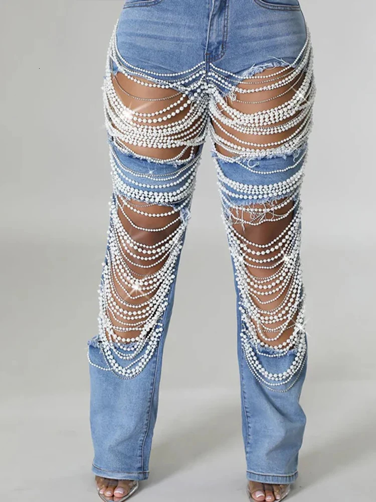 Women Plus Size Pearls Jeans Casual Vintage Cutout High Waist Y2K Streetwear Pearls Denim Jeans Pockets Slim Denim Trousers 241028