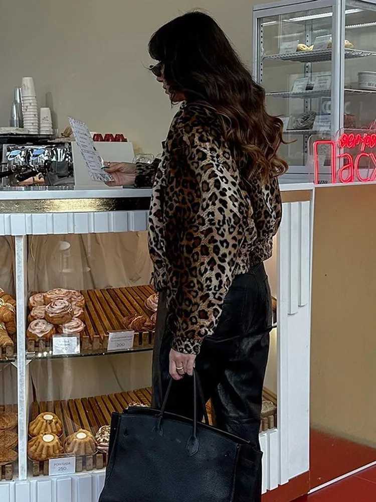 Women's Jackets Women Fashion Leopard Print Bomber Jacket Casual Loose Long Slve Zipper Cropped Coat 2024 Autumn Lady High Strt Outerwear Y241029