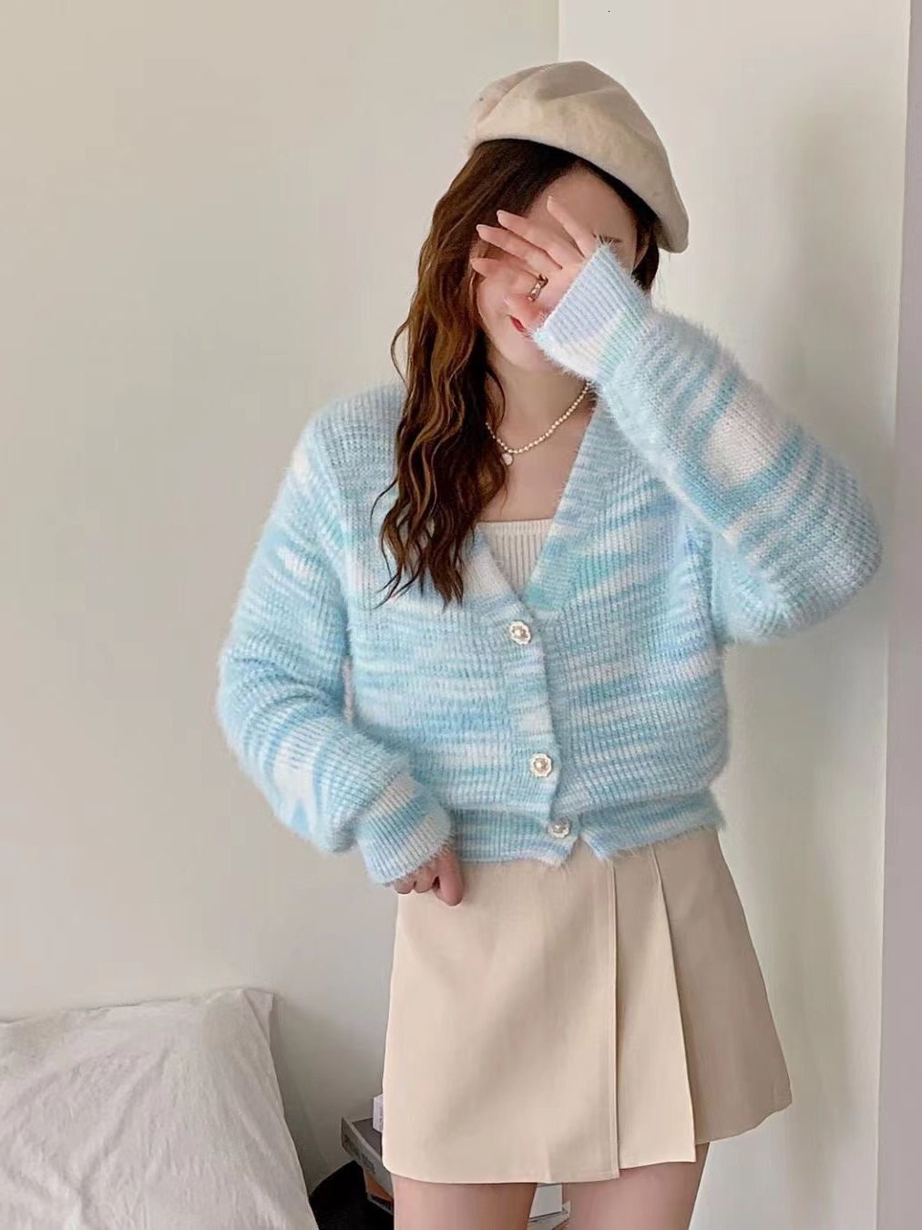 Colorful Striped Faux Mink Cardigan Women S Autumn And Winter Style V Neck Soft Glutinous Knitted Jacket Age Reducing Casual Chic Top F1029#40 ffcd0