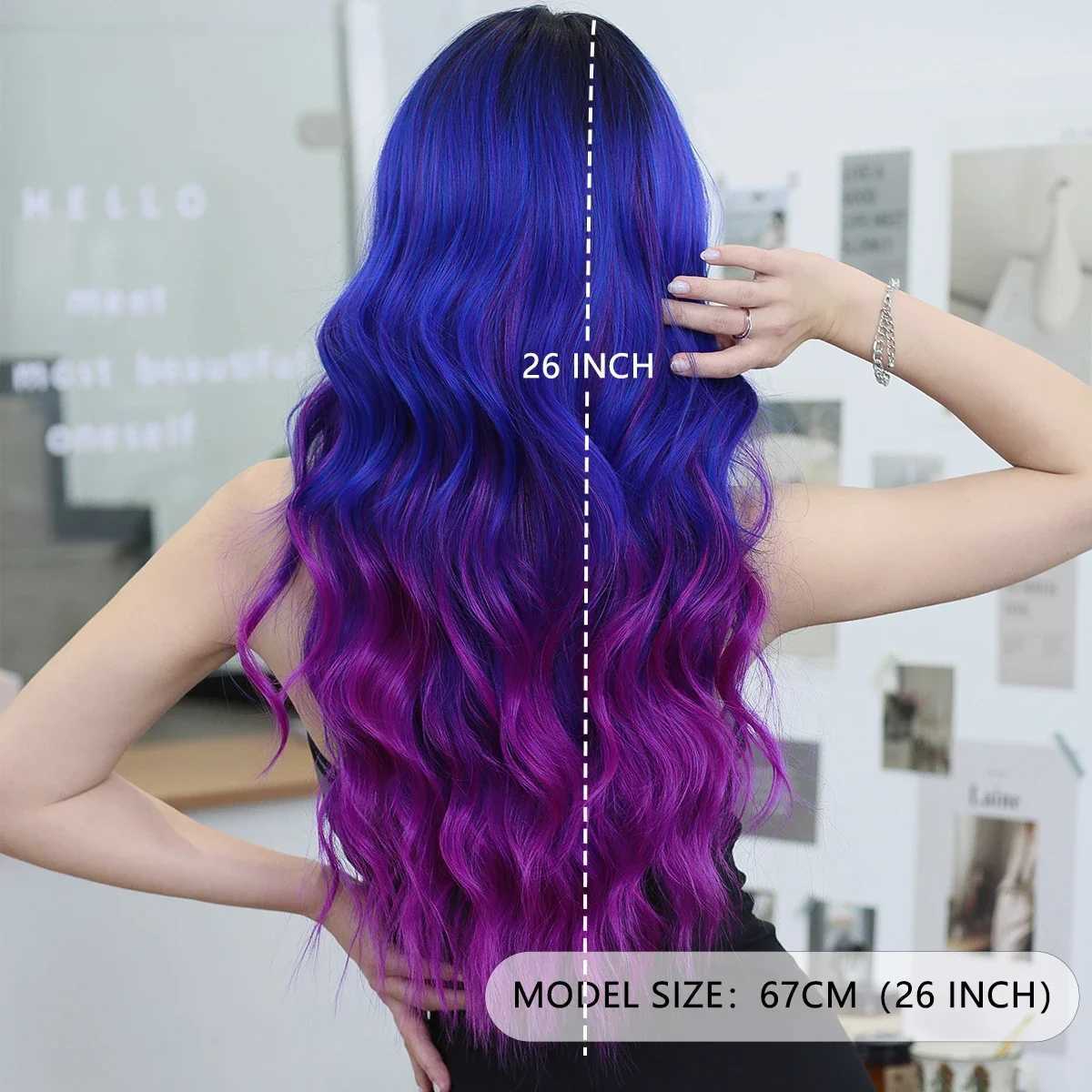 New Arrival High definition transparent lace front wig blue Ombre purple body wave wig with bangs high-density synthetic lace front part wig Z241028