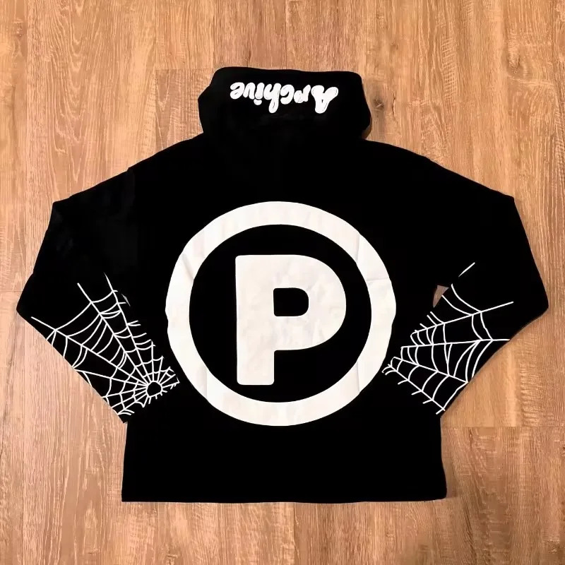 Y2k Street Fashion Hip Hop Rock Jacket Gothic Punk Retro Spider Web Printing Super Large Hoodie Mens Casual Zipper 241028
