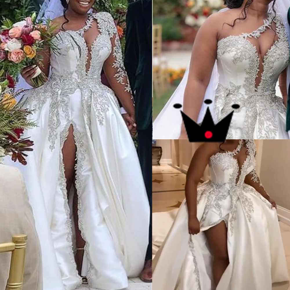 African Appliques One Shoulder Wedding Dresses A Line Sexy Side Slit Bride Gowns Elegant Formal Beach Party Woman's Vestidos