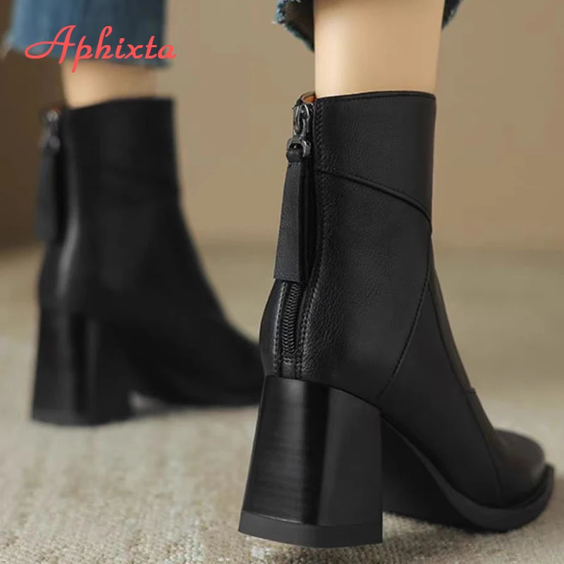 Aphixta Leather Women Ankle Boots Back Zipper Close Modern Boots High Heels Shoes Woman Boats botines para mujeres 241028