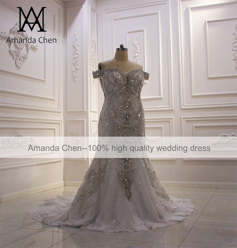 robe mariage femme Off Shoulder Heavy Beading Rhie Removable Train Wedding dress