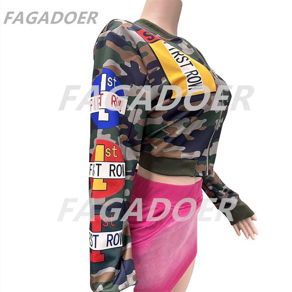 Tracksuits FAGADOER Womens Autumn New Camouflage Baseball Bomber Jacket Womens Y2k Pattern Printed Strt Coat Zipper Motorcycle Coat Hot Girl Clothin Y