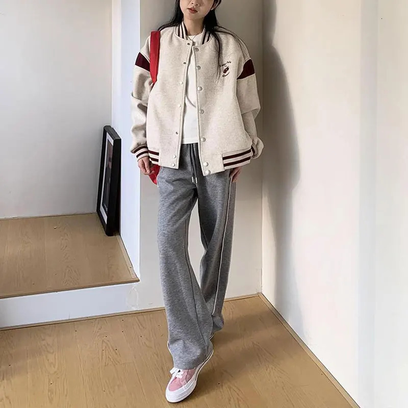 Fashion Cherry Embroidered Jacket Womens Clothing American Retro Baseball Collar Spring Autumn Loose Casual Street Clothing Jacket 241029