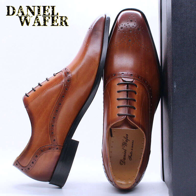 Mens Oxford Genuine Leather Black Brown Classic Brogue Lace Up Dress Wedding Office Business Men Formal Shoes